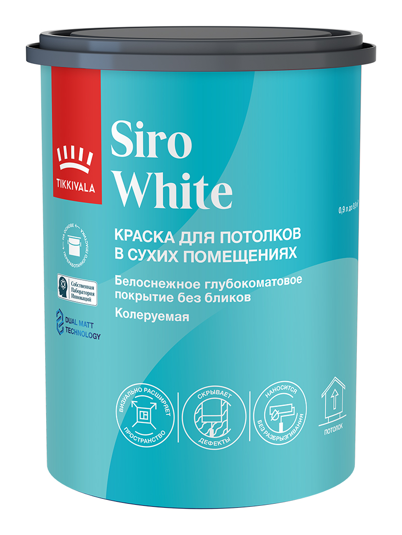 Глубокоматовая краска для потолков Siro White, 0,9л, Белый — Tikkivala для интерьера, для внутренних работ
