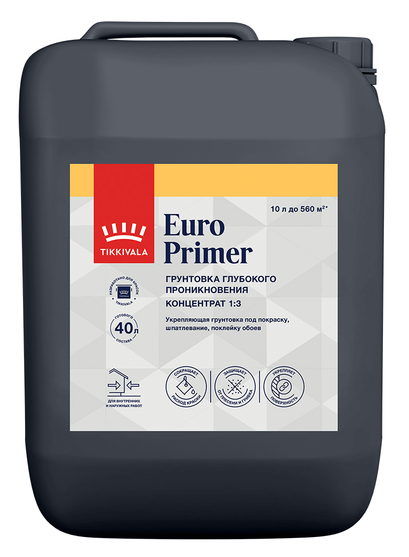 Tikkivala Грунт интерьерный EURO PRIMER, 10л, оттенок Бесцветный, акриловая, водно-дисперсионная, укрепляющая для внутренних работ