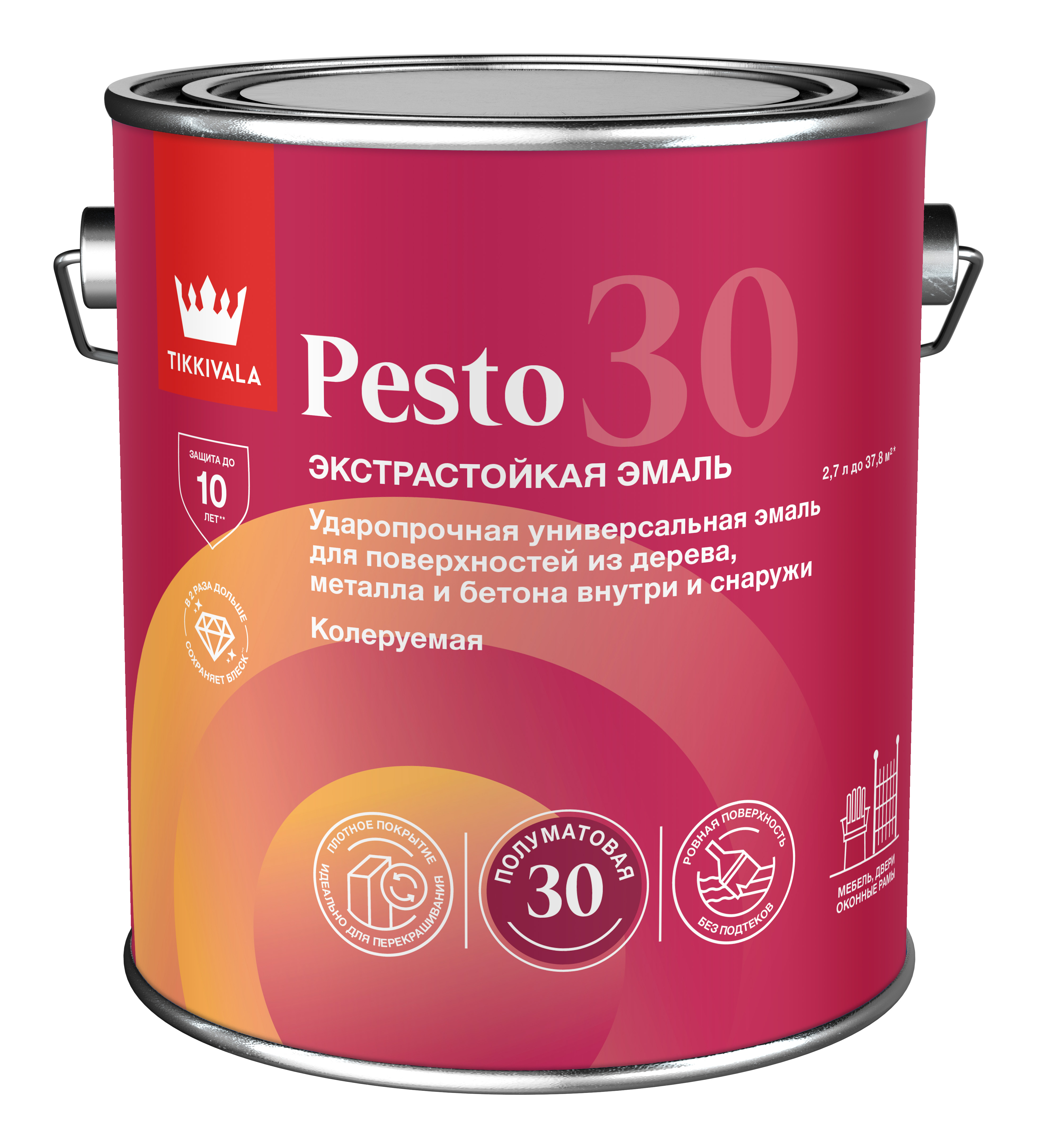 Эмаль универсальная PESTO 30 (полумат) Tikkivala, цвет Белый, фасовка 2,7л: для наружных работ, по штукатурке