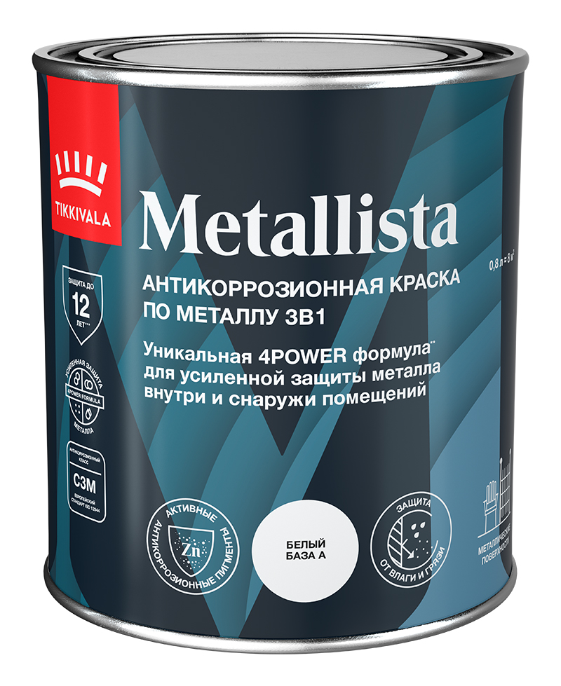 Краска по металлу 3в1 METALLISTA Tikkivala 0,8 л, Белый, профессиональное покрытие по штукатурке
