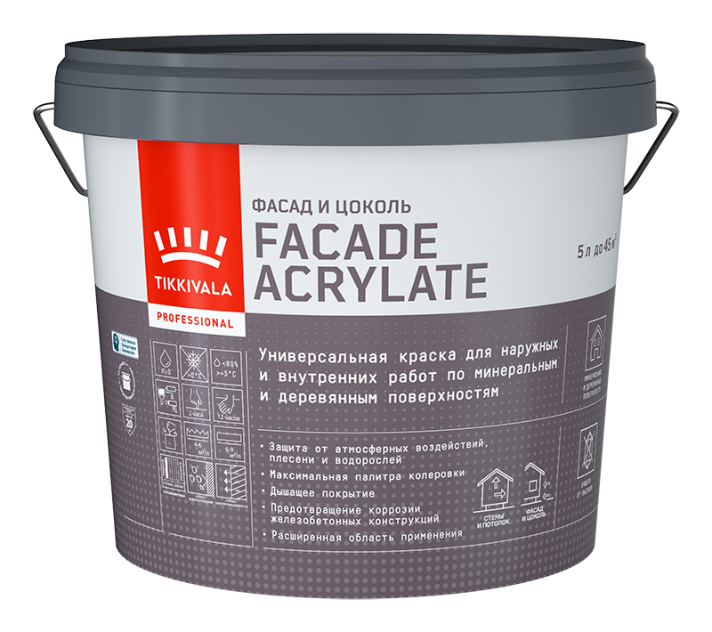 Tikkivala Фасадная краска Facade Acrylate (гл/мат), Основа C - для колеровки в насыщенные тона, 9 л — краска акриловая, водно-дисперсионная, матовая, колеруемая для фасада