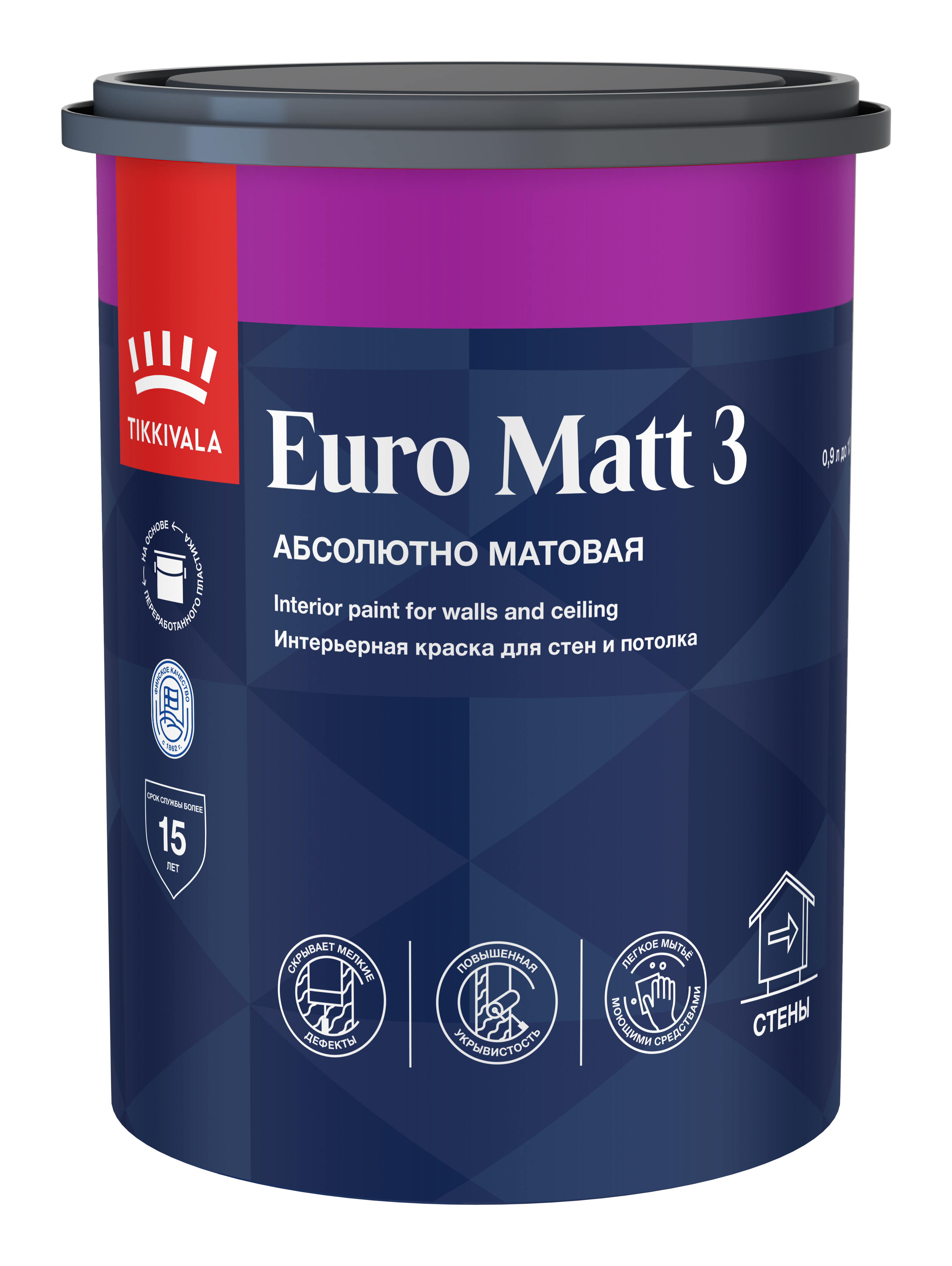 Краска для стен и потолков EURO MATT 3 — лакокрасочное покрытие Tikkivala, Основа С (под колеровку в насыщенные тона), 0,9л, для внутренних работ