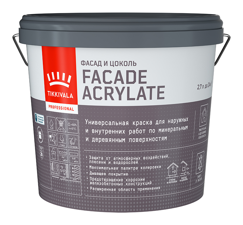 Фасадная краска Facade Acrylate (гл/мат) Tikkivala 2,7 л, Белый, профессиональное покрытие по штукатурке