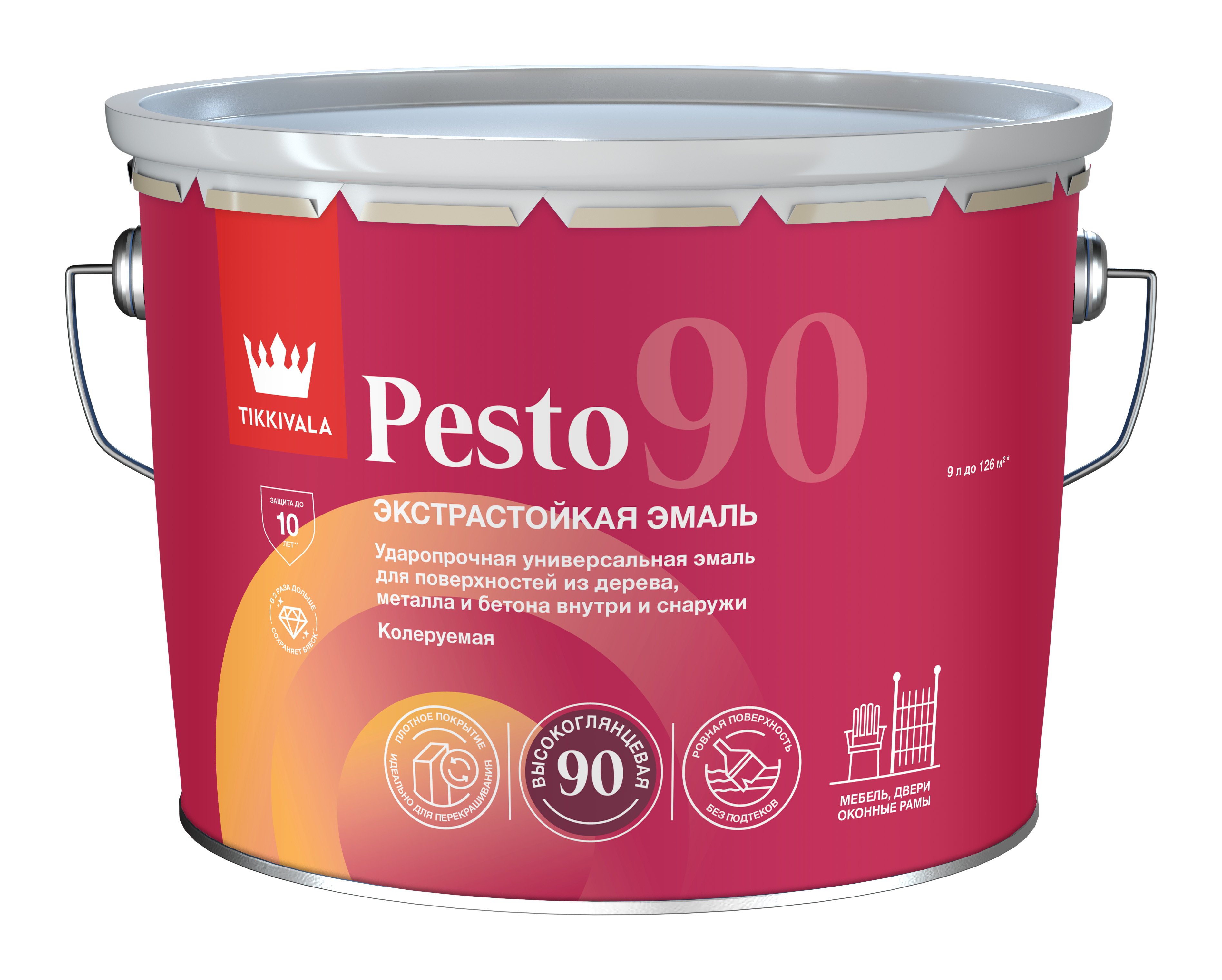 Эмаль универсальная PESTO 90 (глянц) Tikkivala 9 л, Основа C - для колеровки в насыщенные тона, профессиональное покрытие по штукатурке