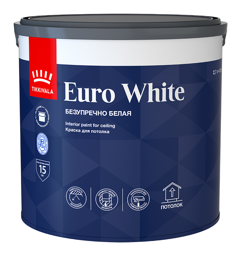 Tikkivala Краска для потолка EURO WHITE белая (гл/мат), 2,7л, оттенок Белый, акриловая, водно-дисперсионная, матовая, колеруемая для внутренних работ