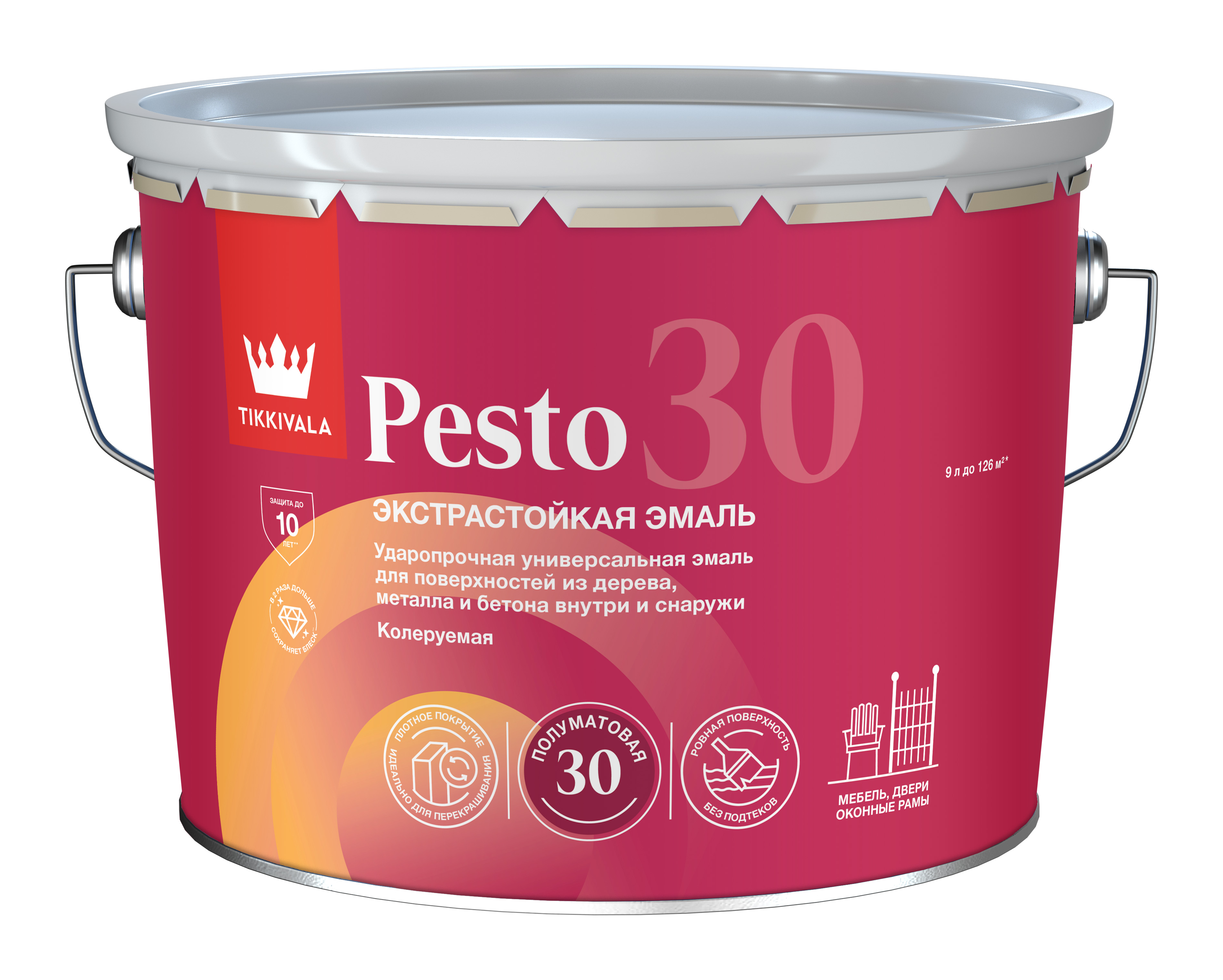 Эмаль универсальная PESTO 30 (полумат), Белый, 9л, Tikkivala — купить для фасада