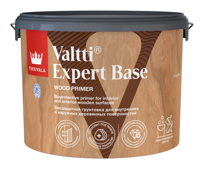 Деревозащитный антисептический грунт VALTTI EXPERT BASE — лазурь Tikkivala, Бесцветный, 9л, по штукатурке