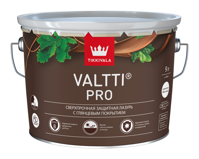 Сверхпрочная глянцевая лазурь VALTTI PRO Tikkivala 9 л, Орех, профессиональное покрытие по штукатурке