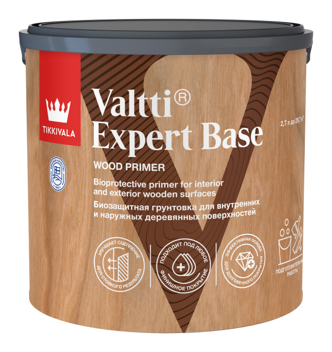 Tikkivala Деревозащитный антисептический грунт VALTTI EXPERT BASE, 2,7л, оттенок Бесцветный, акриловая, водно-дисперсионная, защитно-декоративная для наружных работ