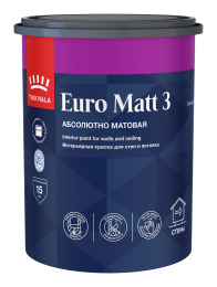 Краска для стен и потолков EURO MATT 3 — лакокрасочное покрытие Tikkivala, Основа С (под колеровку в насыщенные тона), 0,9л, для внутренних работ