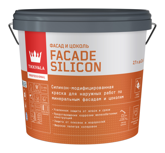 Tikkivala Фасадная краска Facade Silicon (гл/мат) 2,7л Белый, для наружных работ, силиконовая, паропроницаемая, матовая, колеруемая