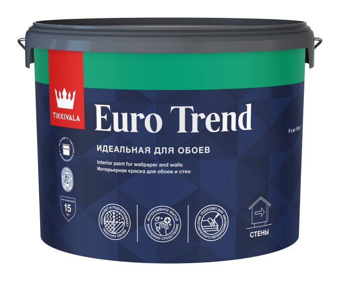 Изображение товараИнтерьерная краска для обоев и стен EURO TREND — лакокрасочное покрытие Tikkivala, Белый, 9л, для минеральных оснований Интерьерная краска для обоев и стен EURO TREND — лакокрасочное покрытие Tikkivala, Белый, 9л, для минеральных оснований