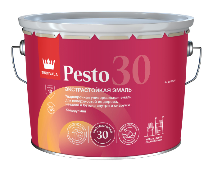 Эмаль универсальная PESTO 30 (полумат) Основа C - для колеровки в насыщенные тона 9 л Tikkivala: для фасада и для наружных работ