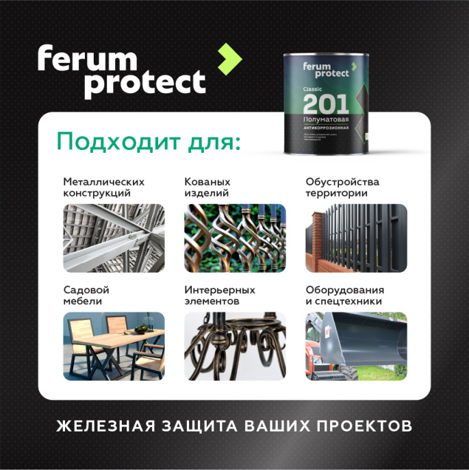 Грунт-эмаль FERUMPROTECT-201 classic полуматовая ferumprotect 2,7 кг, Черный, профессиональное покрытие по штукатурке